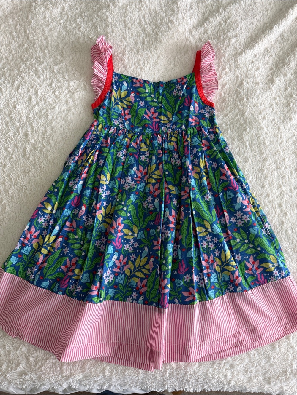Mini Boden girls size 8-9 blue tropical floral & bird print sleeveless sun dress